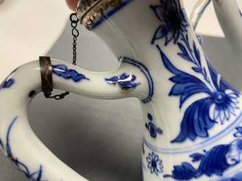 A Chinese blue and white silver-mounted ewer and cover, Transitional period